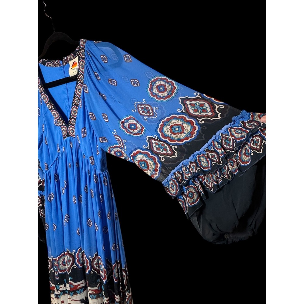 FARM Rio Ainika Tiles Maxi Dress Blue Long Sleeve V Neck Tiered Flowy - Picture 9 of 14